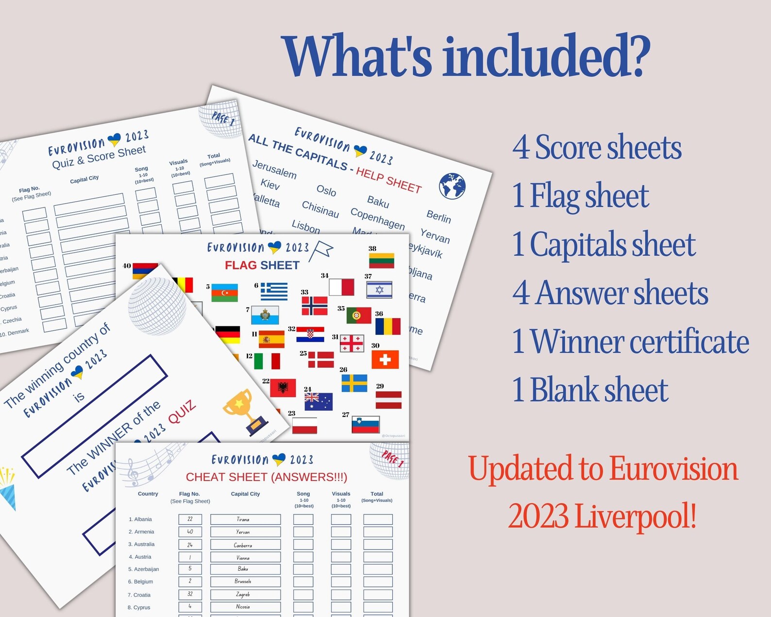 Eurovision 2023 Score Cards Capital and Flag Quiz Sheets Etsy