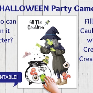 Fülle den Kessel - Halloween Party Spiel, Pin The Frog, Schlange, Spinne im Hexenkessel mit verbundenen Augen!