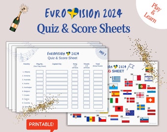 Cartes de pointage Eurovision 2024, feuilles de quiz sur les capitales et les drapeaux, quiz Eurovision Party