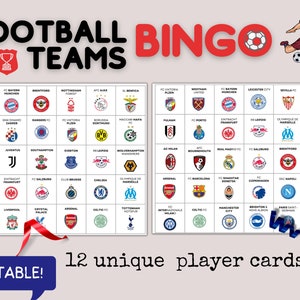 Voetbal (voetbal)teams BINGOspel, afdrukbaar gezelschapsspel, voetbalfeestbingo
