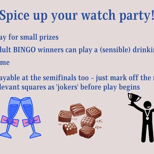 May include: A printable bingo card with instructions for a watch party. The instructions suggest playing for small prizes and using the card for a drinking game. The image also includes a trophy, chocolate squares, and two glasses of champagne.