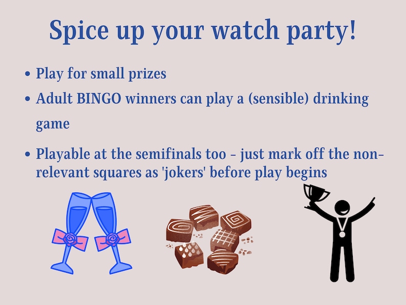 May include: A printable bingo card with instructions for a watch party. The instructions suggest playing for small prizes and using the card for a drinking game. The image also includes a trophy, chocolate squares, and two glasses of champagne.