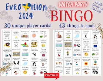 Eurovision 2024 Bingo, Watch Party Bingo, Eurovision Final Game