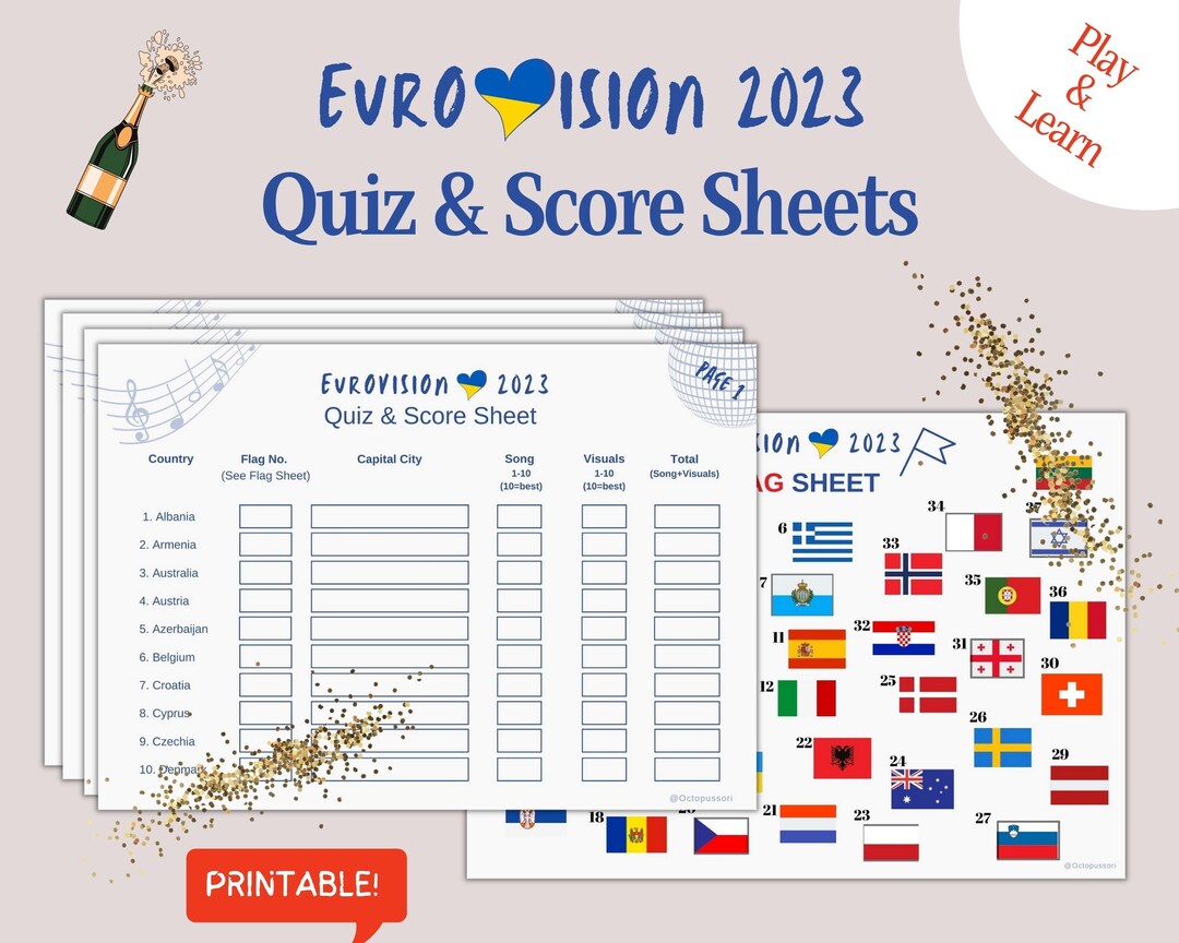 Eurovision 2023 Score Cards Capital and Flag Quiz Sheets Etsy