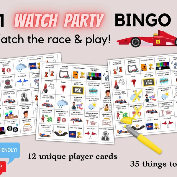 F1 BINGO, Printable Watch Party Game, Formula 1 Bingo
