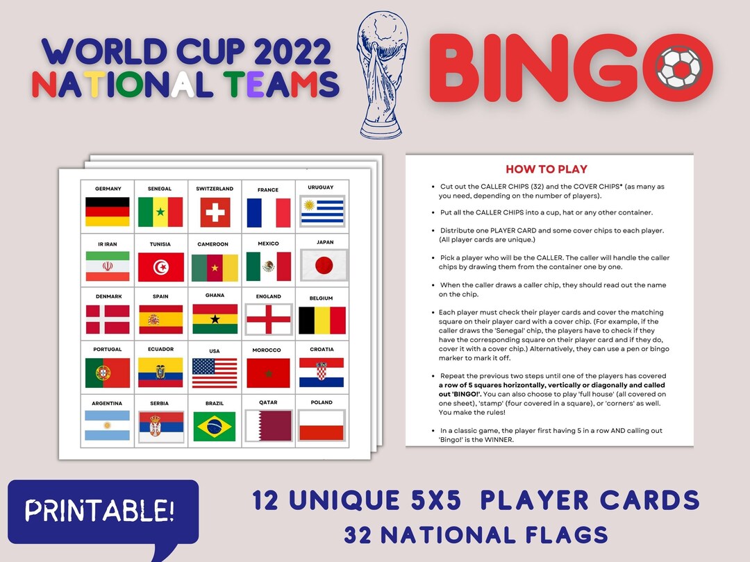 Football World Cup 2022 BINGO Party Game, Qatar 2022 National Team
