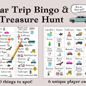 Bingo y búsqueda del tesoro para viajes en coche: juego imprimible para niños que buscan viajes largos en coche y búsqueda del tesoro en viajes por carretera.