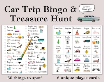 Car Trip BINGO & Treasure Hunt, Printable Long Car Journey Game for Kids, Road Trip Scavenger Hunt
