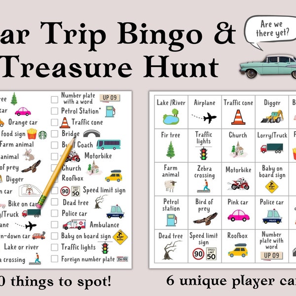 Car Trip BINGO & Treasure Hunt, Printable Long Car Journey Game for Kids, Road Trip Scavenger Hunt