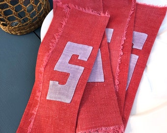 Vintage Red Linen Napkins with “S” Hand Stitched Monogram