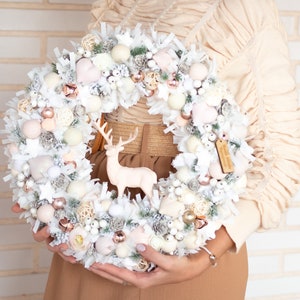 Christmas wreath with deer, Christmas wreath for the wall, Christmas wreath for the door, pink and gold wreath Winter Wreath white Beige