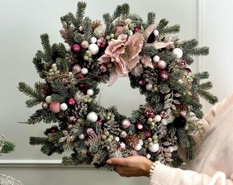 Large XL Christmas Wreath 17.72 inches – Burgundy, Pink & Gold Holiday Door Decor, Front Door Wreath, Christmas Gift, Christmas Ornament