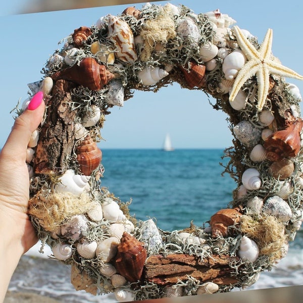 Natural materials wreath 30 cm (11,81 inch), Front Door wreath, Seashells wreath, Wall wreath, Summer wreath