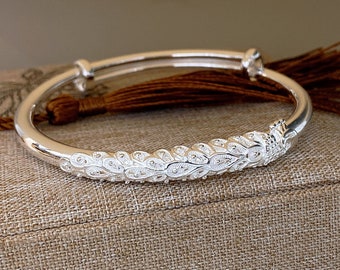 Peacock Silver Cuff Bracelet, 999 Fine Silver Bangle, Gift for Women, Handmade Bracelet