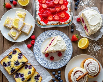 Può includere: Una vista dall'alto di vari dessert su una superficie di legno. L'immagine include barrette al limone, un dessert alle fragole, una fetta di torta, pane ai mirtilli, girelle alla cannella, frutti di bosco freschi e fette di limone. I dessert sono disposti su piatti e carta forno.