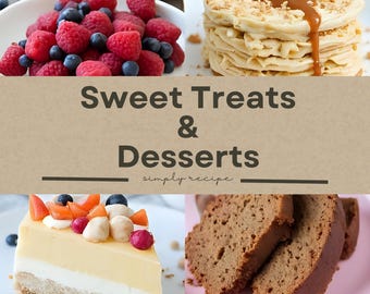 May include: A collage of desserts including a bowl of raspberries and blueberries, a layered cake with caramel drizzle, a slice of cheesecake with fruit, and slices of cake. Text reads "Sweet Treats & Desserts".