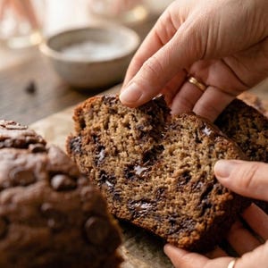 May include: A slice of freshly baked banana bread with chocolate chips is being held. The bread has a moist, textured interior and is studded with dark chocolate chips. The bread is on a light brown surface.