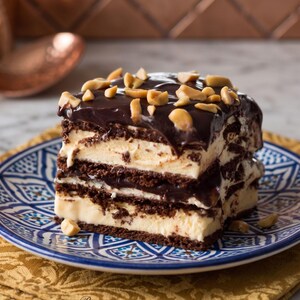 May include: A square slice of layered icebox cake featuring alternating layers of dark chocolate wafer cookies and creamy white filling. The top is covered in a smooth dark chocolate ganache and sprinkled with chopped roasted peanuts.