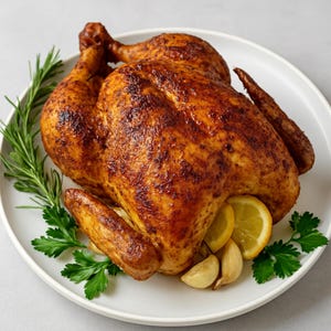 以下が含まれることがあります： 白いお皿に丸ごとローストチキン。ローズマリー、パセリ、レモンスライス、ニンニクで飾られています。鶏肉は黄金色でカリカリの皮をしています。美味しくて食欲をそそる食事です。