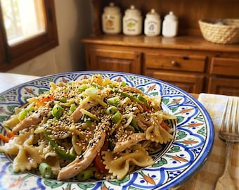 Receta de ensalada de pasta con pollo, sésamo y jengibre / Plato frío fácil / PDF imprimible / Descarga instantánea