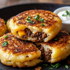 May include: Golden-brown potato cakes filled with seasoned minced meat and melted orange cheese. The crispy, pan-fried patties are garnished with fresh green herbs and served with a small side of white sour cream in a bowl.