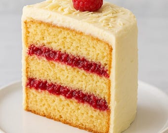 May include: A slice of layered cake with yellow sponge, raspberry filling, and white icing. A fresh red raspberry sits on top. The cake is on a white plate.