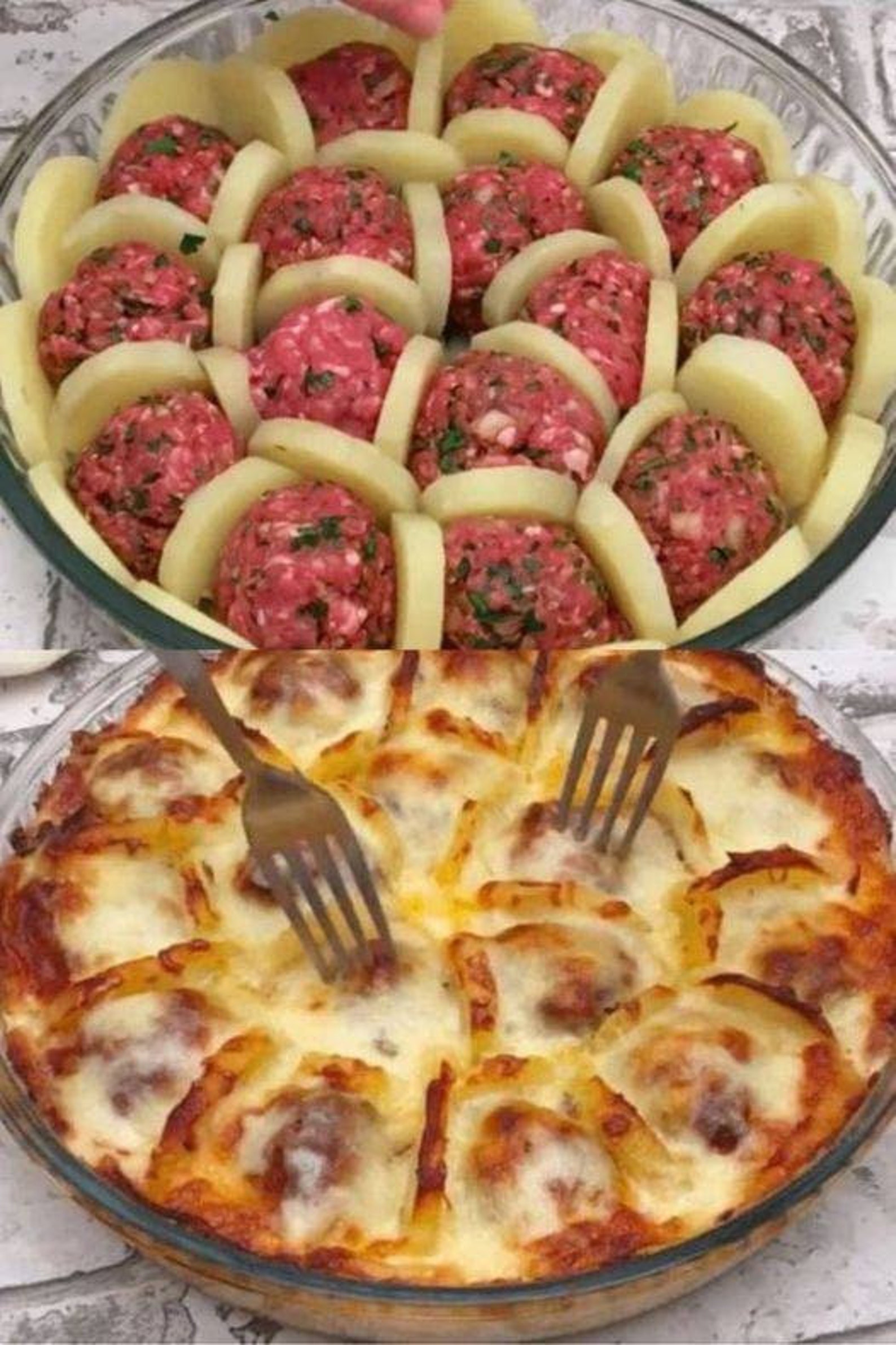 Faire bouillir Des Pommes De Terre Maison Et Les Trancher. Arrangez avec des boulettes de viande