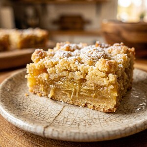 Peut inclure: Une part de crumble aux pommes sur une assiette en céramique beige. La garniture croustillante est brun doré et saupoudrée de sucre glace. La garniture est jaune clair, et l'assiette a un motif de glaçure craquelée.