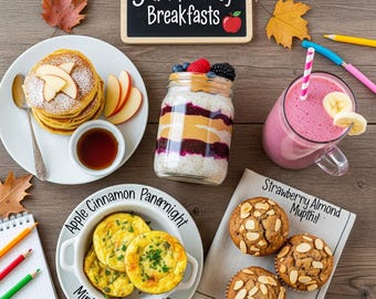 May include: Overhead shot of a wooden table with various breakfast foods. Includes pancakes with apple slices, a layered jar with berries, a pink smoothie, mini veggie frittatas, and almond muffins. A chalkboard sign reads "5 Quick & Easy Breakfasts."
