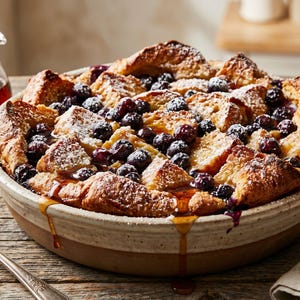 May include: A baked bread pudding with blueberries and powdered sugar in a round, speckled ceramic dish. The dish sits on a wooden surface, with syrup drizzling down the side. A breakfast or dessert item.