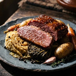 May include: A plate of cooked food featuring a large piece of glazed meat, sliced to reveal the pink interior. It is served with roasted vegetables, including carrots, potatoes, and cabbage, and garnished with herbs and peppercorns.