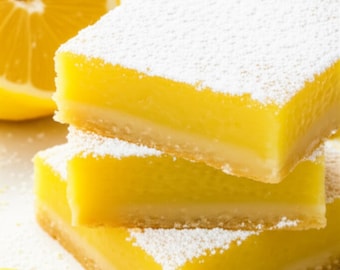 May include: A stack of three square lemon bars dusted with powdered sugar. The bars have a bright yellow filling atop a pale, buttery crust. A sliced lemon is visible in the background, adding to the fresh, citrusy theme.