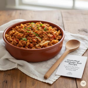 Könnte beinhalten: Eine Schüssel aus Terrakotta, gefüllt mit einem gekochten Gericht, garniert mit frischen Kräutern. Ein Holzlöffel liegt neben der Schüssel auf einem weißen Tuch. Eine Rezeptkarte mit dem Titel "Unstuffed Cabbage Roll Recipe" ist ebenfalls vorhanden.