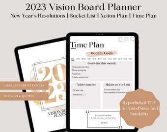 May include: Two digital planners on tablets. The first shows a gold-colored "2023" design, and the second displays a "Time Plan" layout with monthly goals and habits. The planner includes stickers and quotes.