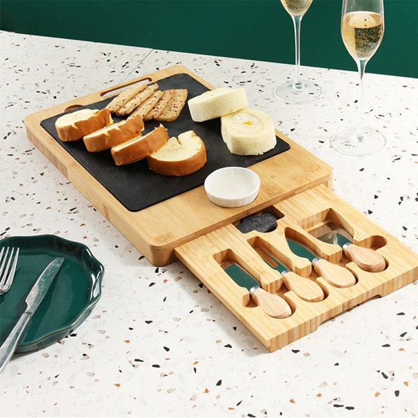 Planche à fromage en bambou et ardoise avec tiroir amovible et 4 couverts à fromage