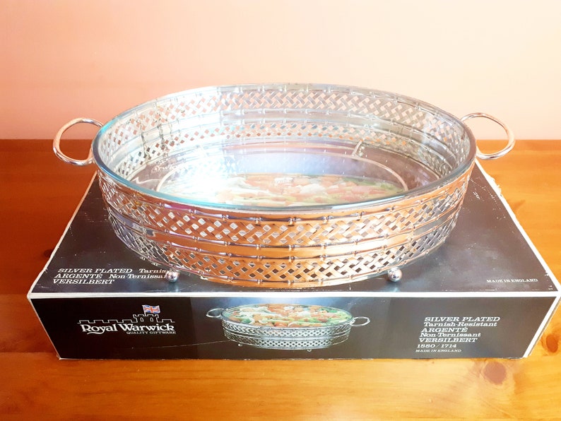 Royal Warwick Vassoio placcato in argento Pirofila in vetro per antipasti Vintage anni 70 immagine 5