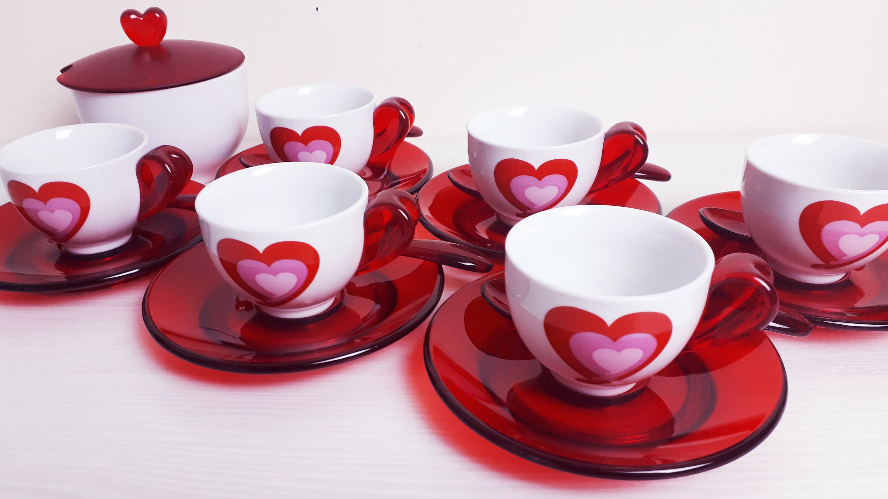 Set of 6 Coffee Cups Guzzini Sugar Bowl Love Heart Series Saucers