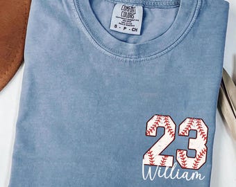 Custom Baseball Pocket Shirt, Baseball Comfort Colors, Personalized Baseball Number Shirt, Baseball Gift, Sports Mom tee, Baseball Fan Tee