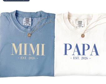 Personalized Grandma And Grandpa Shirt, Custom Comfort Colors® Est. Year Tee, Baby Announcement Gift, For First Time Grandparents Reveal Tee