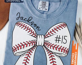 Koszulka z niestandardowym numerem baseballowym Comfort Colors®, koszulka z kokardą baseballową, spersonalizowana koszulka baseballisty, prezent dla fana baseballu, koszulka dla mamy sportowca
