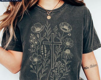 Christian T Shirt, Floral Cross Graphic Tee, Faith Based Shirt, Bible Verse Inspired, Jesus Lover Gift, Church Womens Christianity T Shirt