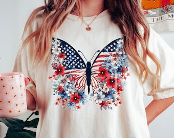 Chemise Butterfly America, chemise patriotique, chemise 4 juillet, cadeau du jour de l'indépendance, chemise Memorial Day, rouge, blanc et bleu Comfort Colors®
