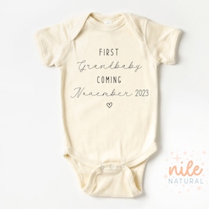 First Grandbaby Baby Announcement Onesie® Natural Bodysuit, Personalize Pregnancy Reveal gift for Parents, New Grandparents Grandma Grandpa