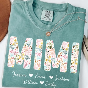 Gepersonaliseerde Mimi-shirt met namen kleinkinderen, Mimi-T-shirt met bloemen, Mimi-cadeaus, Moederdagshirt, Mimi-T-shirt, custom kindernamen omashirt