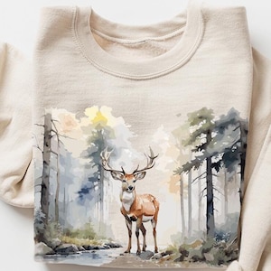 Retro Deer Wilderness Scene Sweatshirt, Nineties Vintage Buck And Doe Deer Outfit, Boho Deer Crewneck Sweatshirt, Nature Camping Shirt