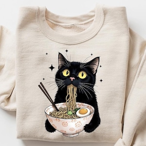 Chemise chat nouilles, T-shirt chat ramen, chemises gourmandes, T-shirts nouilles chat noir, t-shirts chat rétro, chemise chat noir, sweat-shirts amoureux des chats