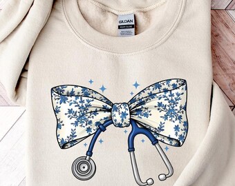 Nurse Toile Bow Sweatshirt, Stethoscope Bow Shirt, Gift for Nurse, Healthcare Professionals Shirt, Nurse Coquette Shirt, Nurse Appreciation