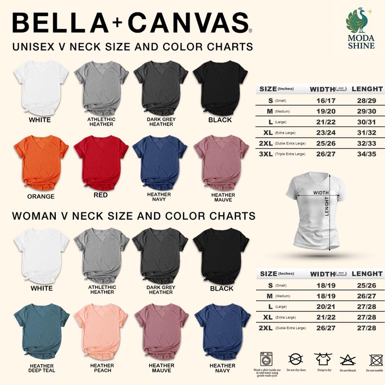以下が含まれることがあります： Bella+Canvasのユニセックスおよび女性用VネックTシャツのサイズとカラーチャート。画像には、白、黒、赤、ネイビーなどのさまざまなTシャツの色と、インチ単位の幅と長さの測定値を示す2つの表が表示されています。