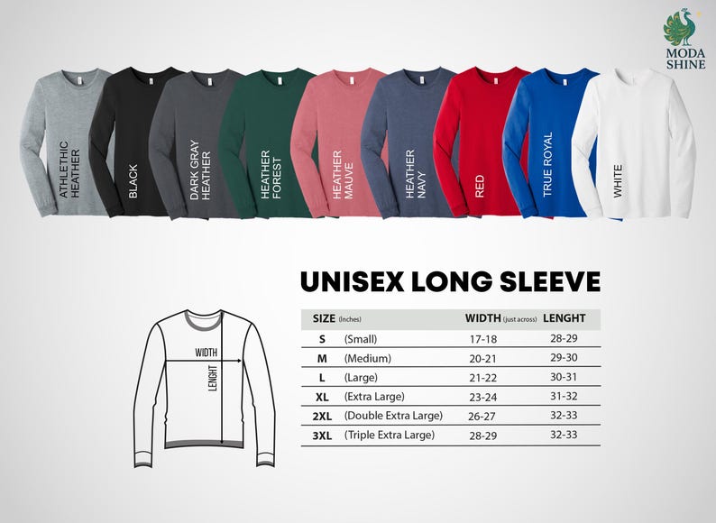 a collection of long-sleeved t-shirts in various colors, including black, gray, green, pink, red, blue, and white. The t-shirts are arranged in a row, and there is a size chart below them, providing the measurements for each shirt size.
