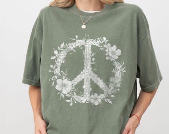 Comfort Colors® Boho Floral Peace Shirt, Retro Vintage Style Peace Shirt, Flower Peace t shirt